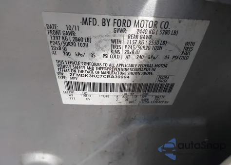 2012 Ford Edge Limited из США, поврежденный, VIN 2FMDK3KC7CBA39994